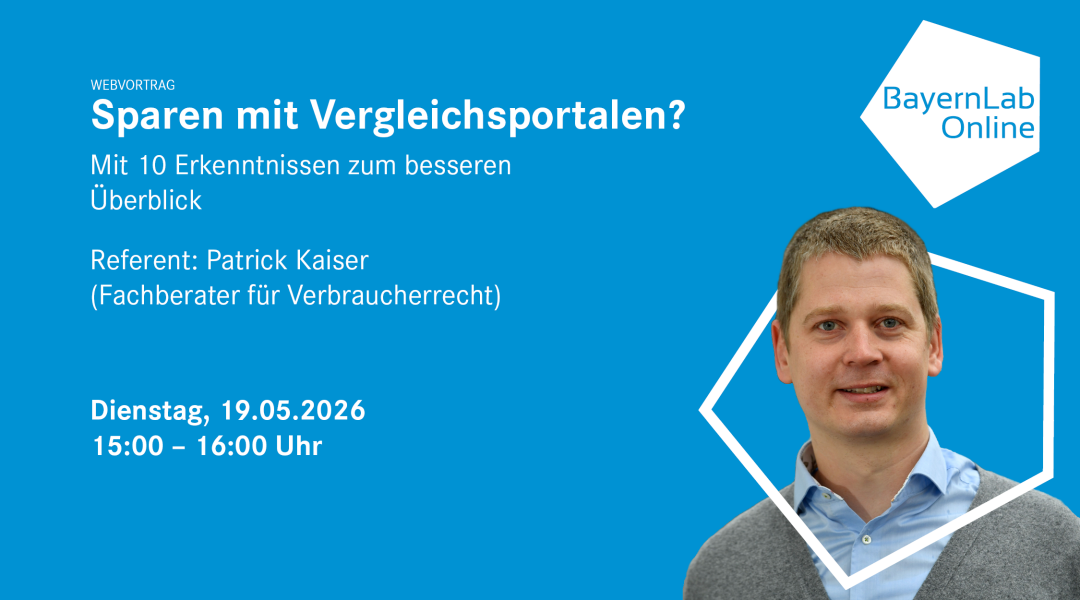 Blaue Grafik mit Informationen in weißer Schrift zum Webvortrag, die Informationen sind auch im Fließtext. Rechts oben in blauer Schrift 